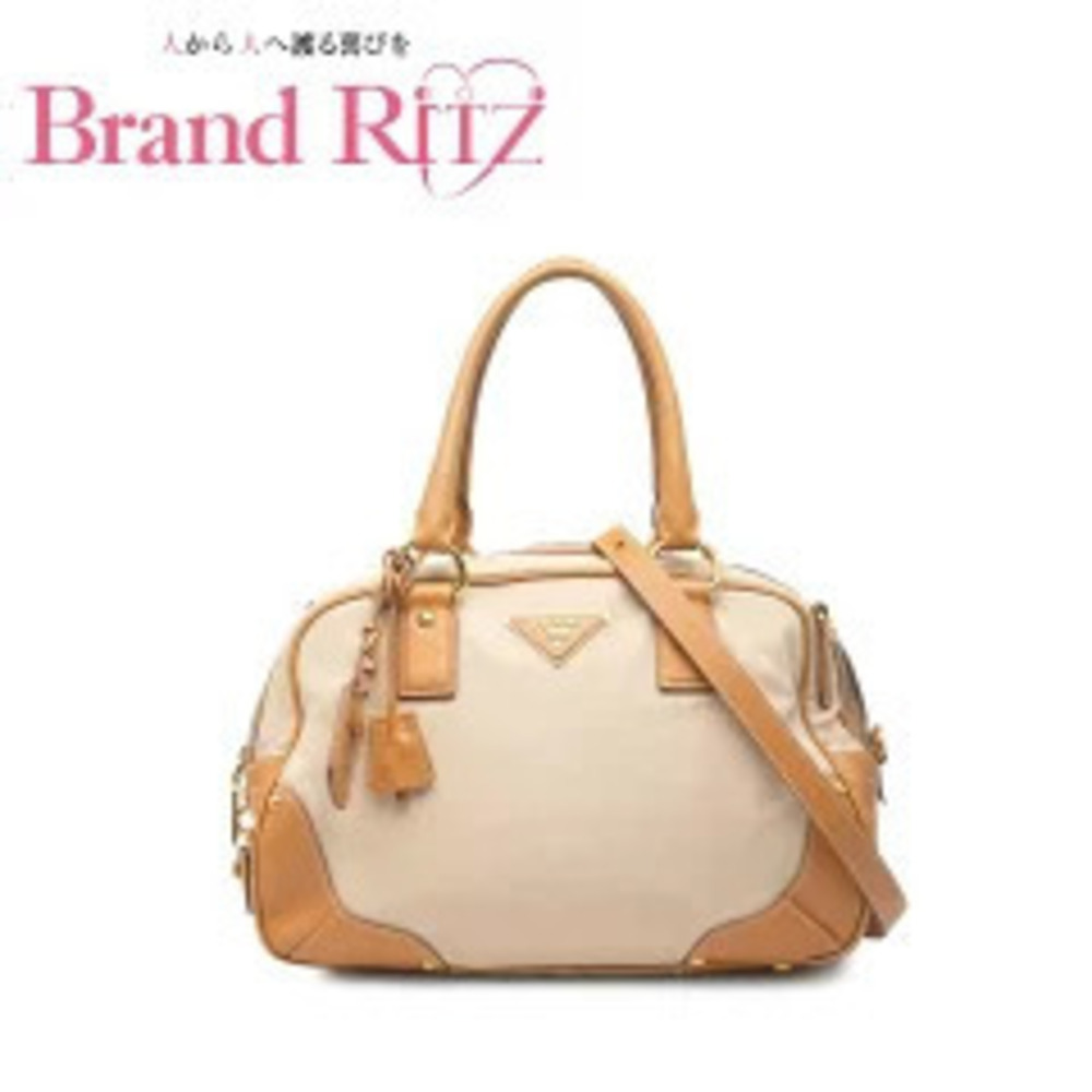 Prada Boston Triangular Plate Canvas Leather 2Way Shoulder Beige Brown Tan